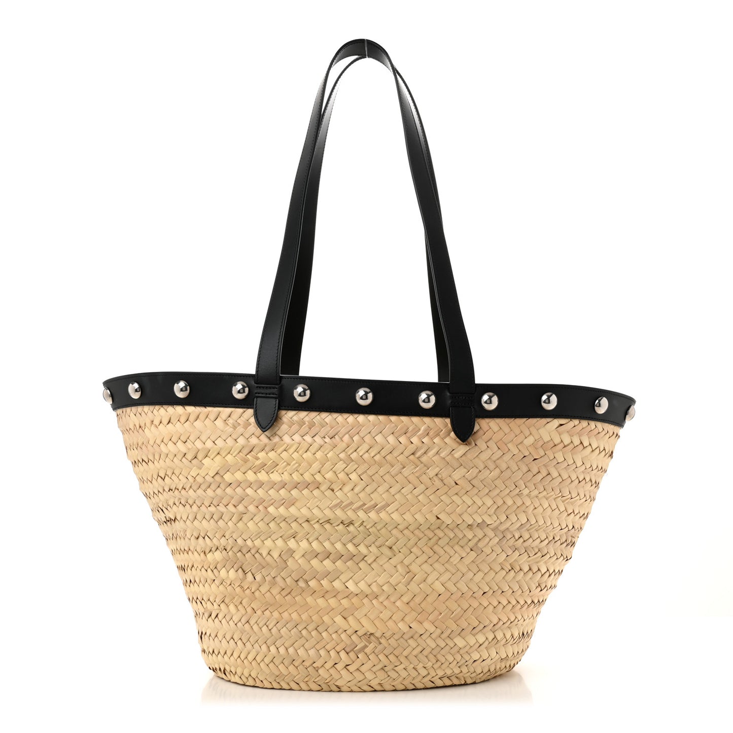 Raffia Calfskin Studs Basket Shoulder Bag Tote Black