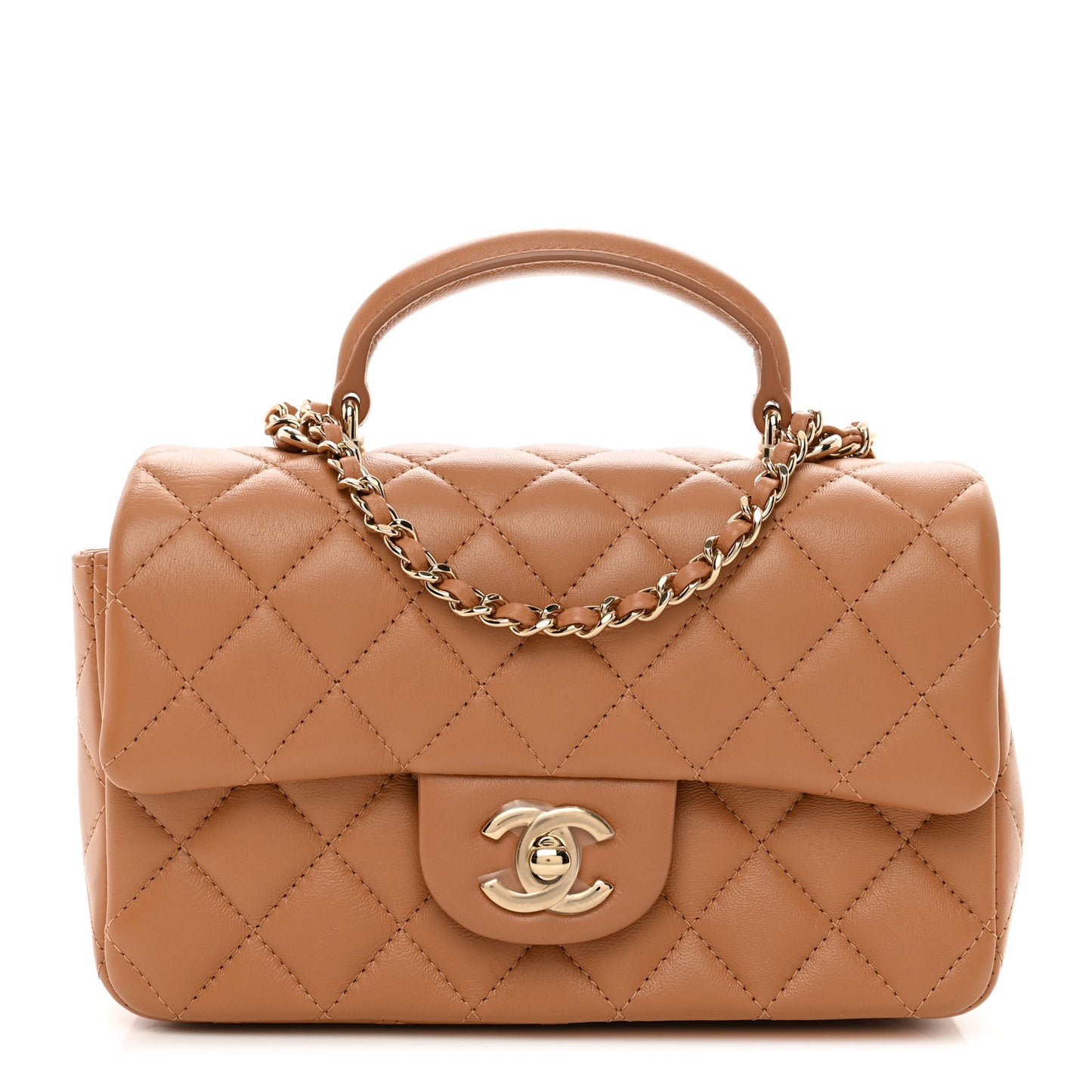 Lambskin Quilted Mini Top Handle Rectangular Flap Dark Beige