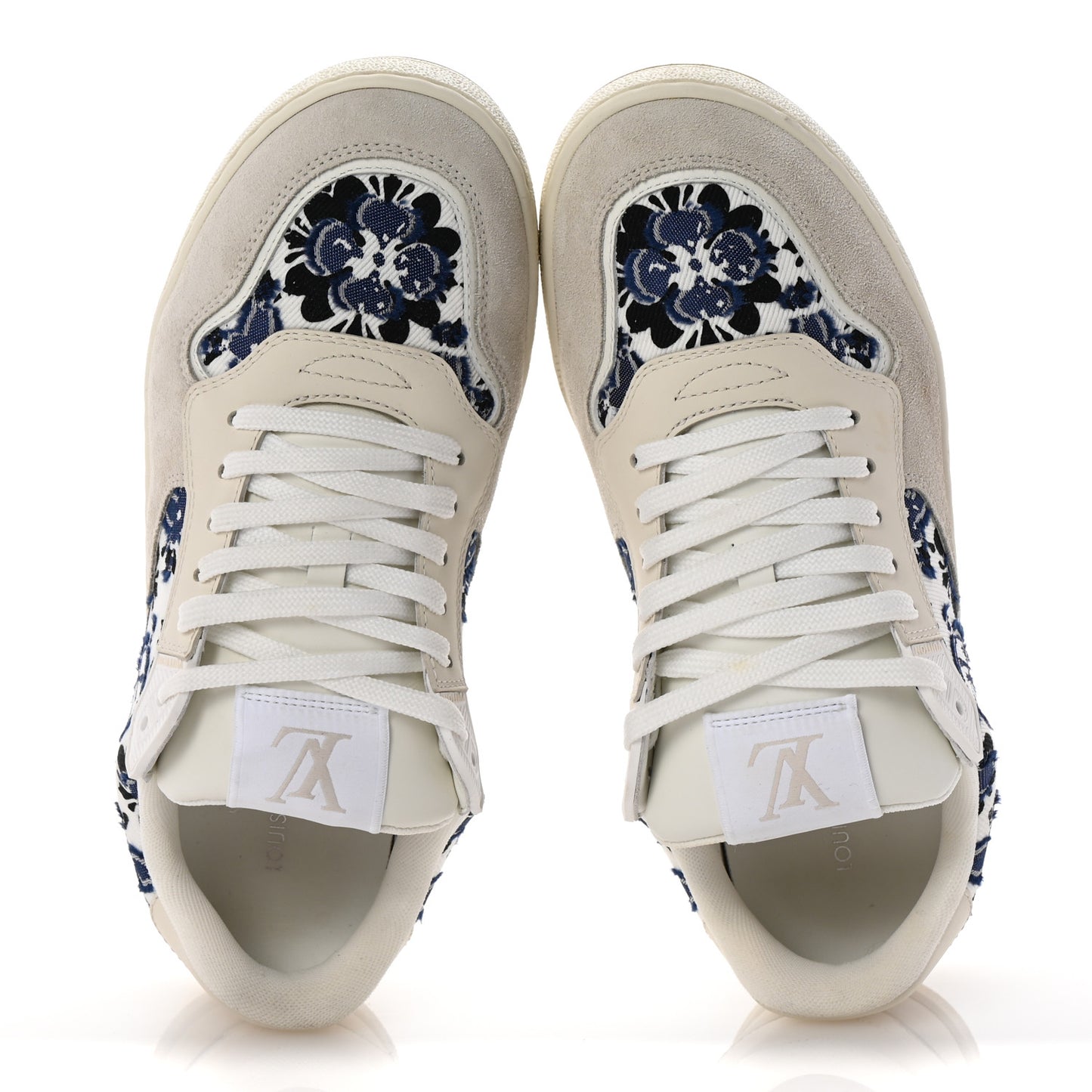 Suede Calfskin Floral LV Stadium Low Top Sneaker 37.5 White Blue