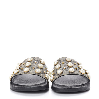 Gucci GG Supreme Monogram Pearls Slide Sandals 36 Beige 2 of 7