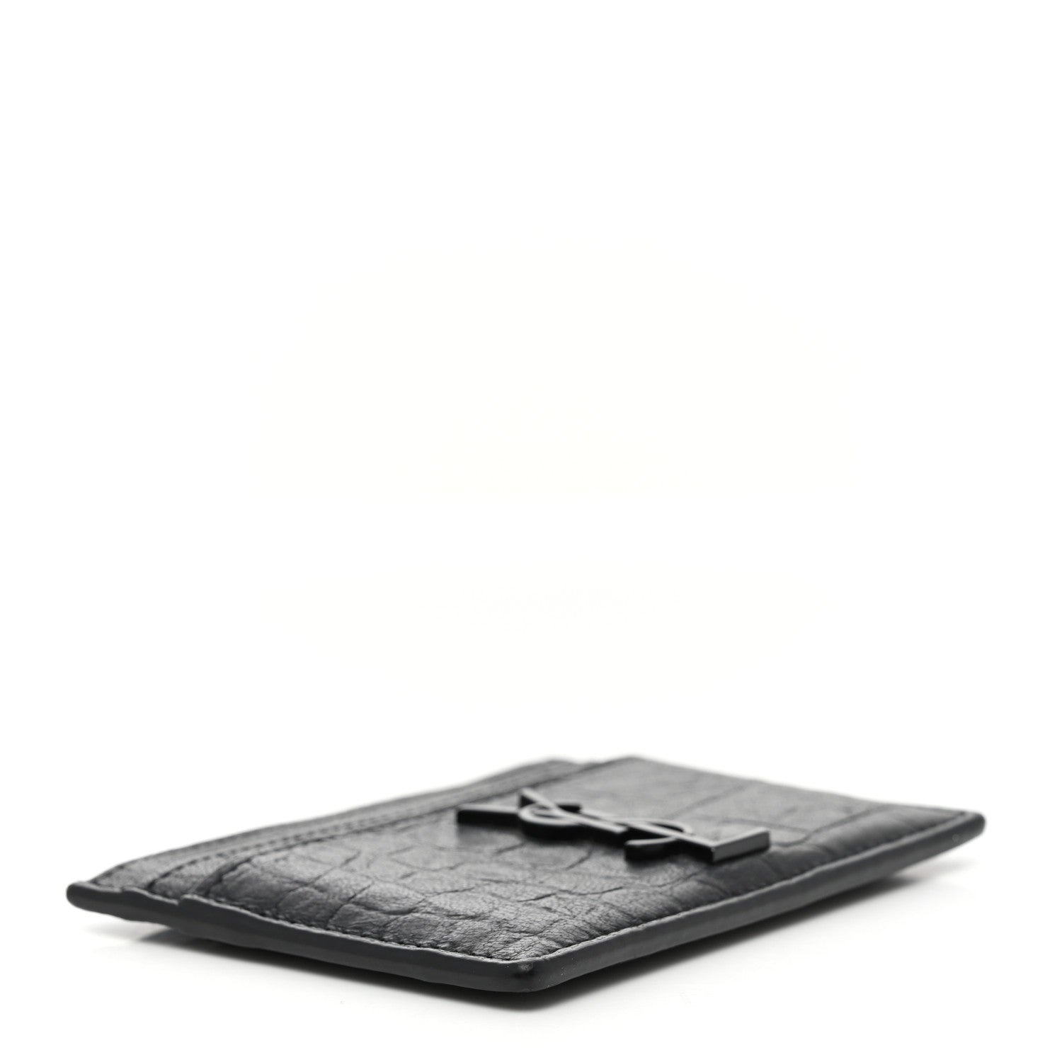 Saint Laurent Calfskin Crocodile Embossed Monogram Credit Card Case Black 4 of 8