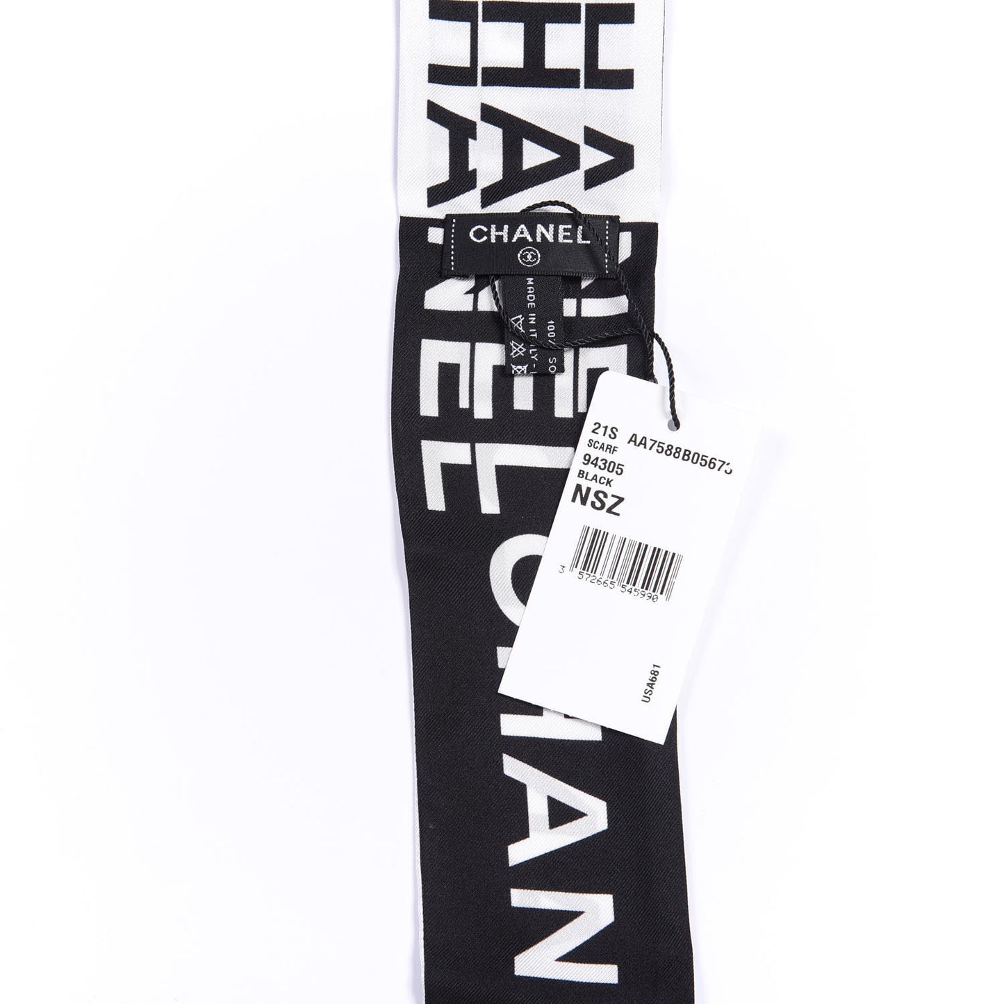 Silk Logo Slim Bandeau Scarf Black White