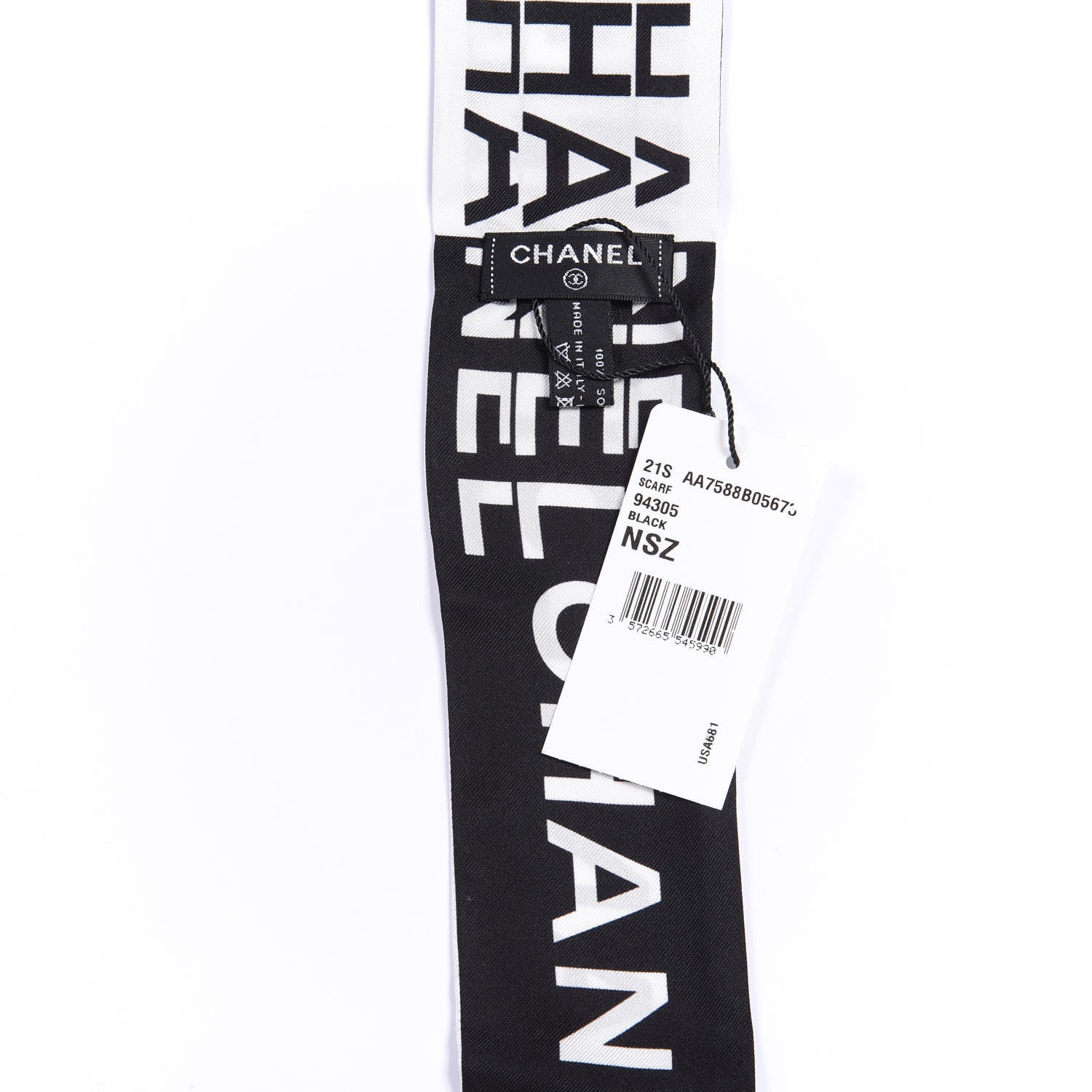 Chanel Silk Logo Slim Bandeau Scarf Black White 3 of 3