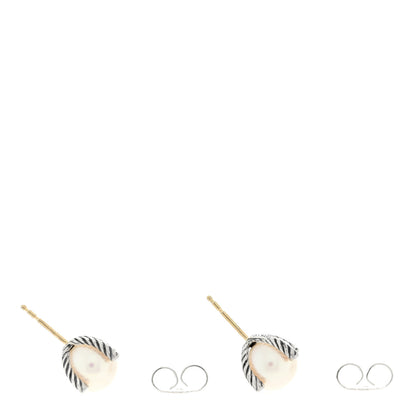 David Yurman Sterling Silver Diamond Pearl 10mm Cable Stud Earrings 3 of 4
