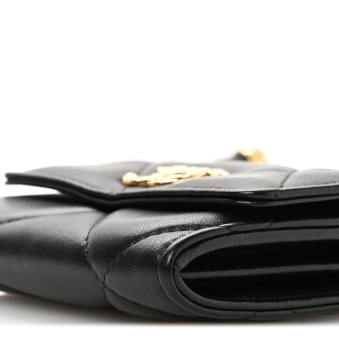 Lambskin Pearl Quilted CC Flap Card Holder With Chain  Black