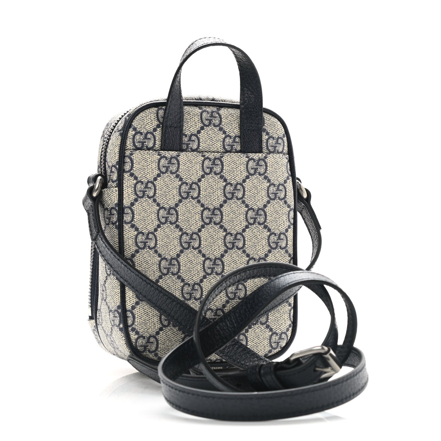 GG Supreme Monogram Textured Dollar Calfskin Web Mini Ophidia Double Zip Messenger Bag Beige Blue