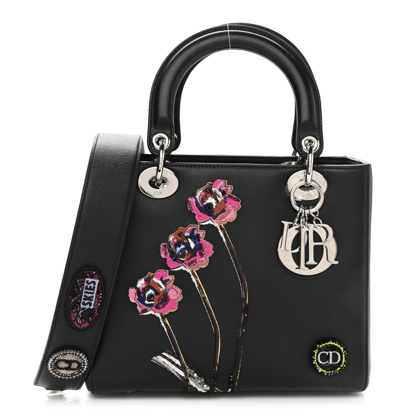 Smooth Calfskin Embroidered Beaded Floral Medium Lady Dior Black