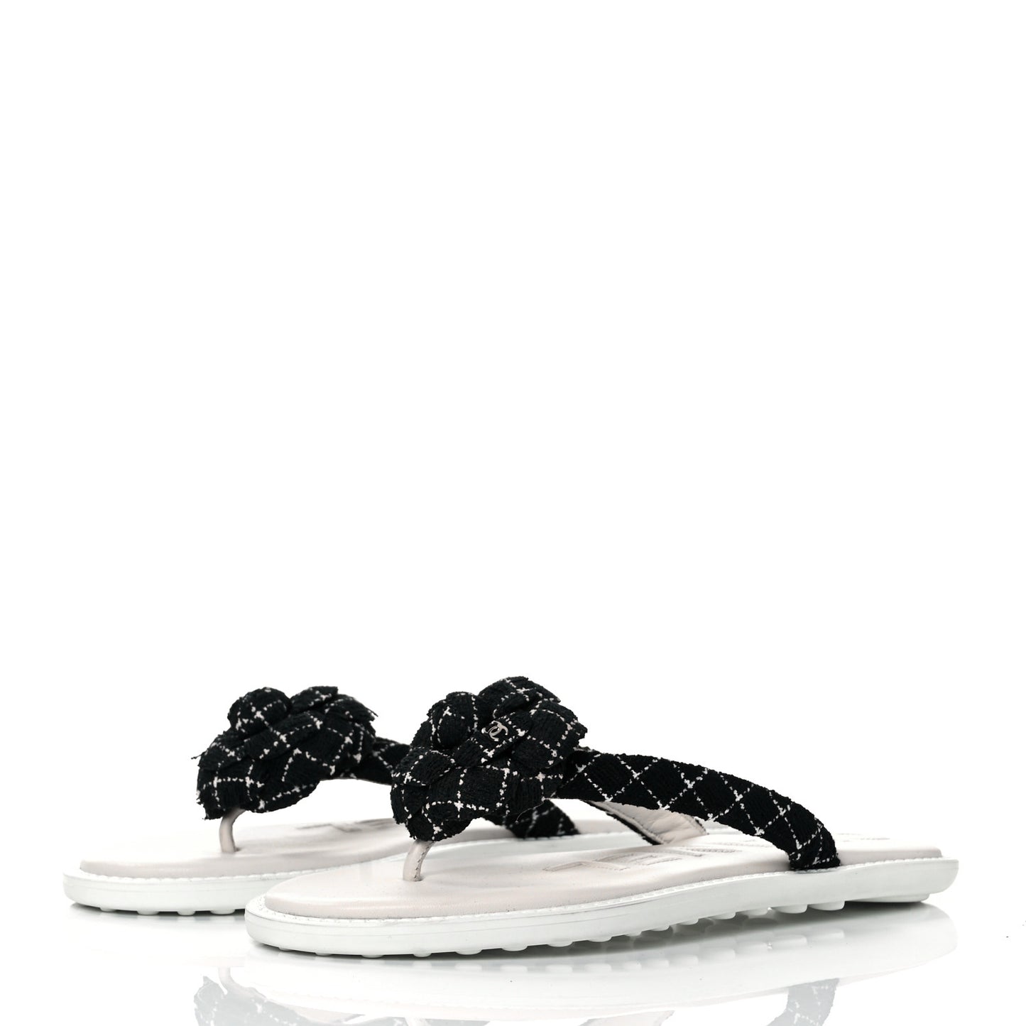 Tweed Quilted Camellia Thong Sandals 37.5 Black White