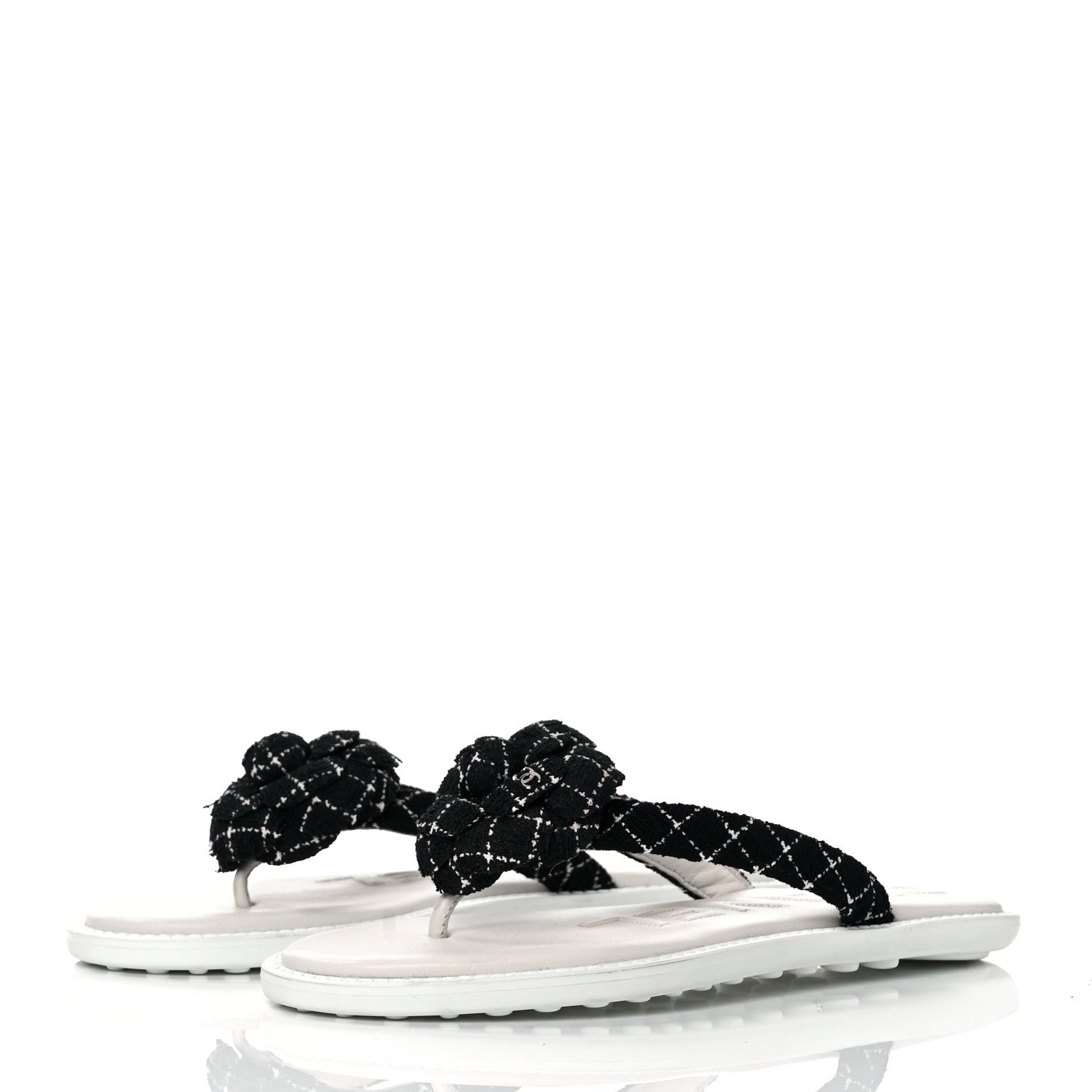 Chanel Tweed Quilted Camellia Thong Sandals 37.5 Black White 3 of 8