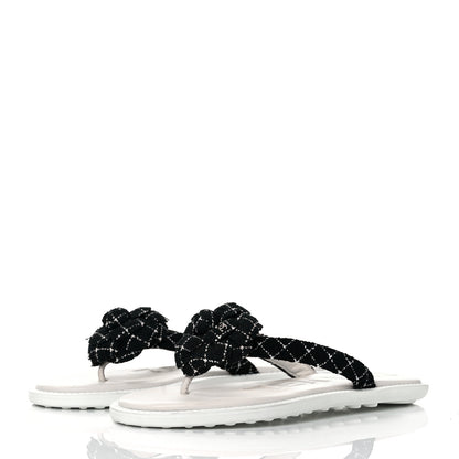Chanel Tweed Quilted Camellia Thong Sandals 37.5 Black White 3 of 8