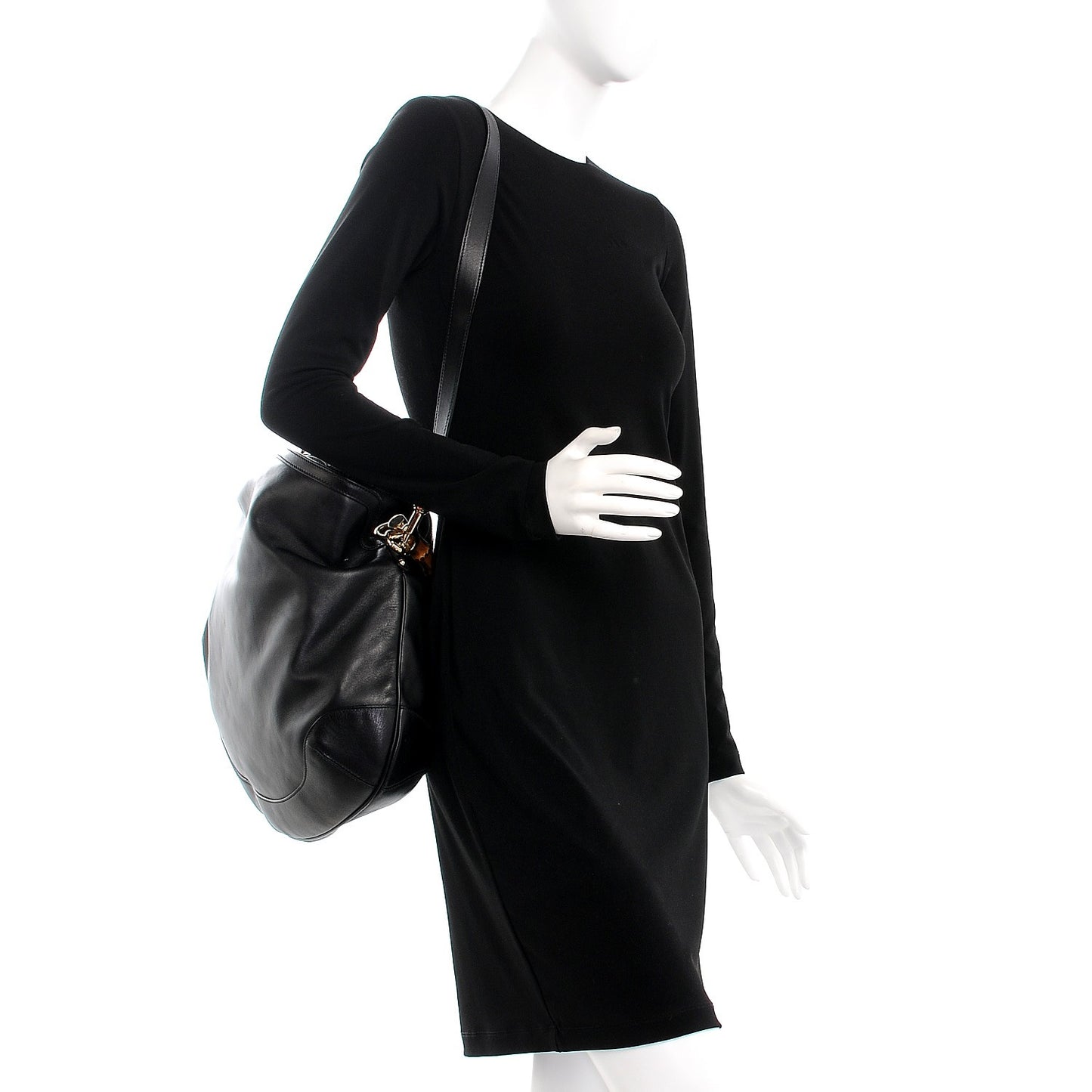 Calfskin Peggy Bamboo Top Handle Hobo Black