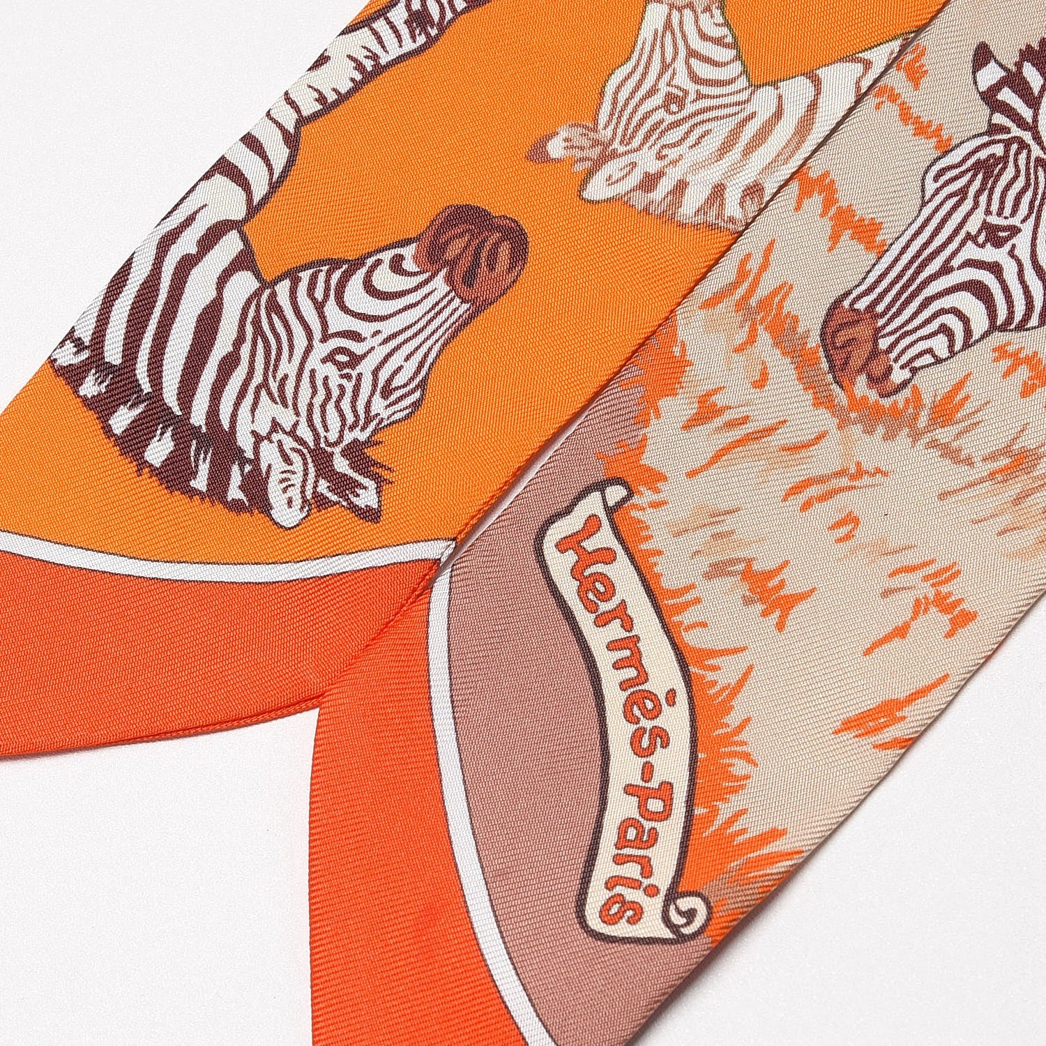 Hermes Silk Les Zebres Twilly Orange Beige Brun 3 of 5
