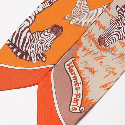 Hermes Silk Les Zebres Twilly Orange Beige Brun 3 of 5