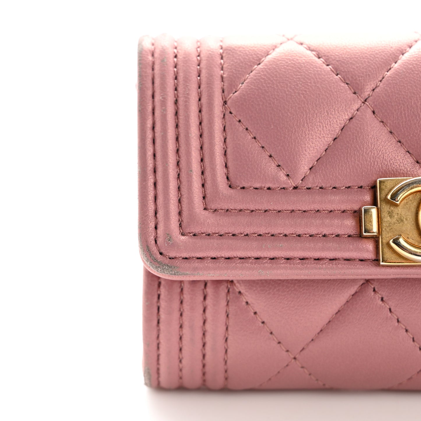 Metallic Lambskin Quilted Boy Flap Card Holder Pink