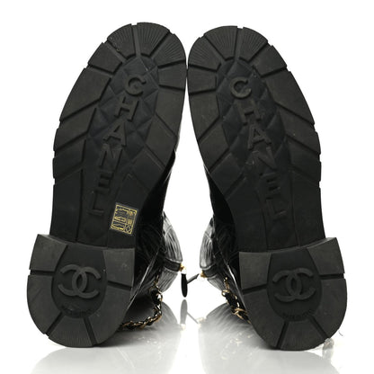 Chanel Shiny Calfskin Patent Quilted Chain Lace Up Combat Boots 40 Black 5 of 9