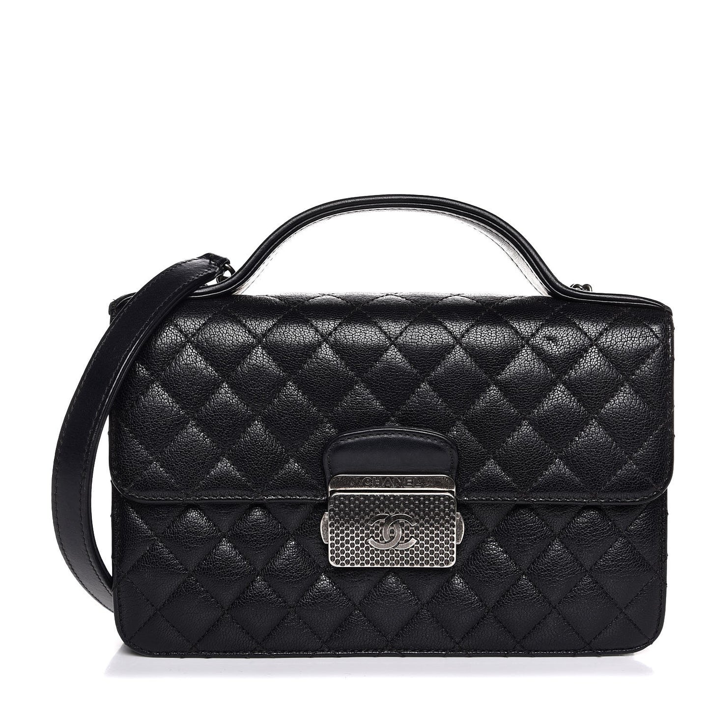 Goatskin Quilted Small CC University Top Handle Flap Black