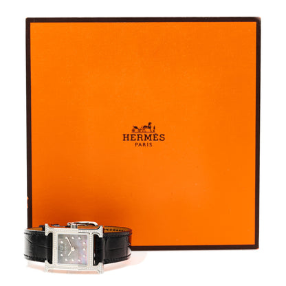 Hermes Stainless Steel Alligator Diamond Bezel Black Mother of Pearl 17.2mm Heure H Hour Quartz Watch Graphite 5 of 5