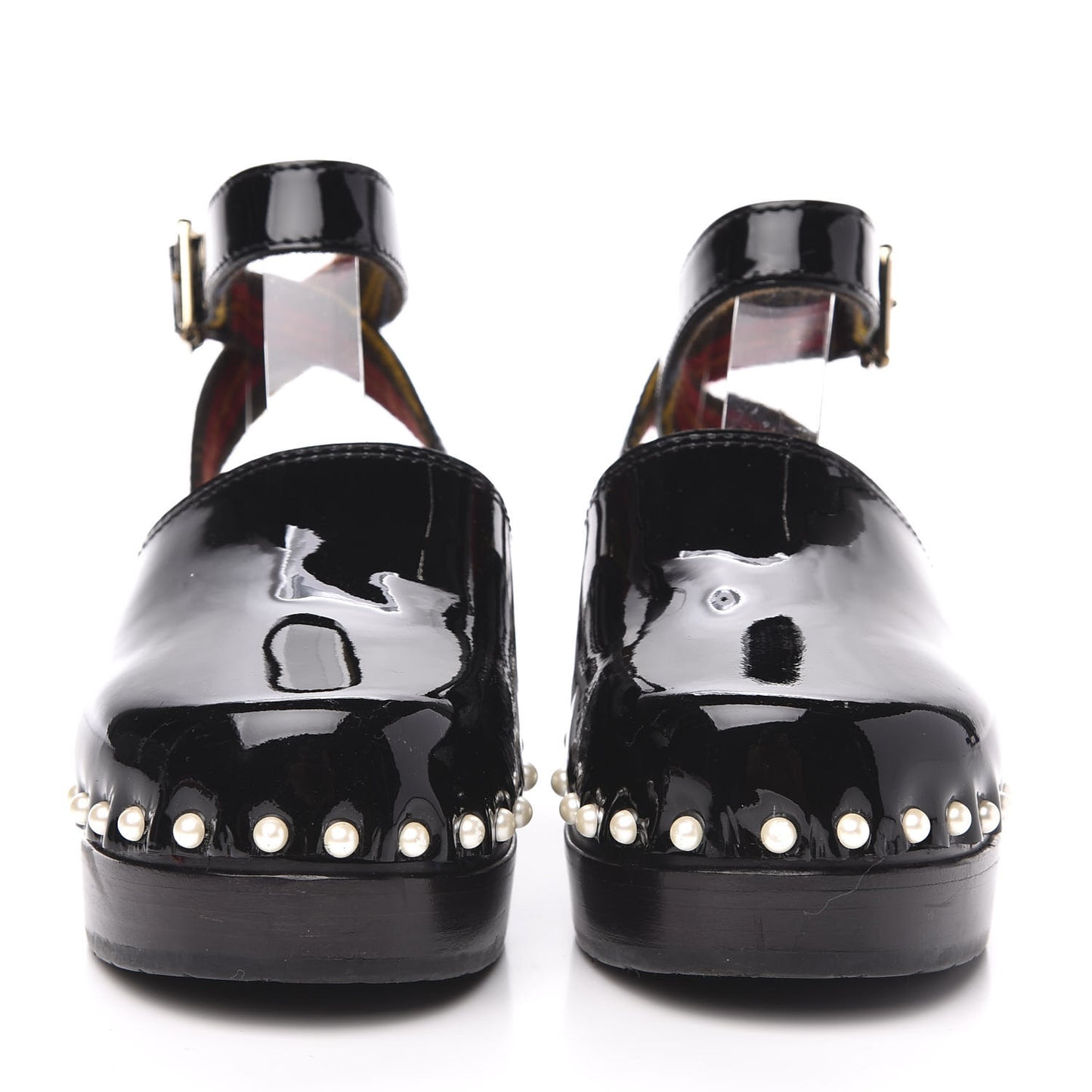 Patent Calfskin Pearl Ankle Wrap Clogs 35 Black