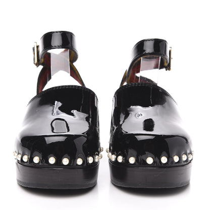 Chanel Patent Calfskin Pearl Ankle Wrap Clogs 35 Black 2 of 9