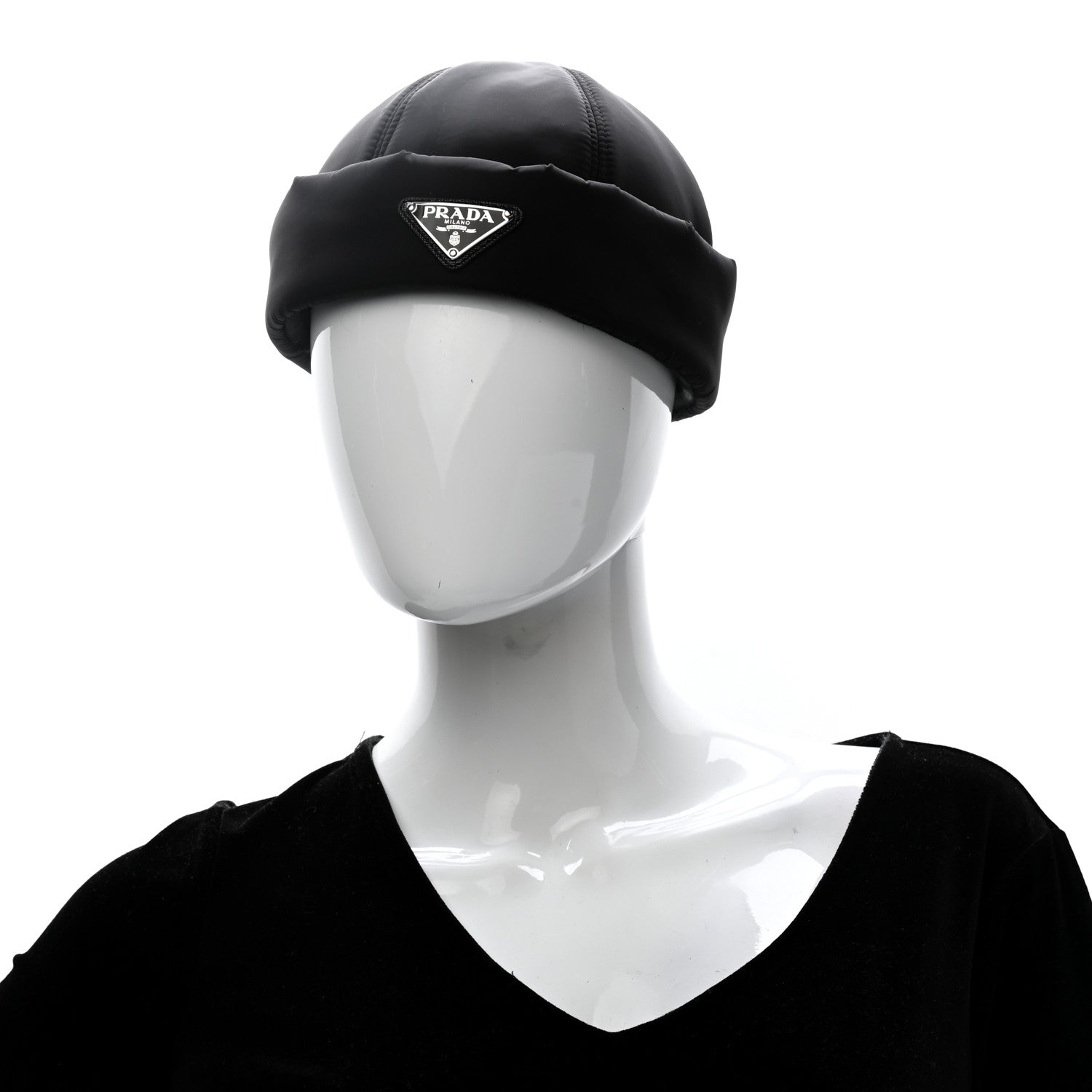 Prada Re-Nylon Padded Metal Triangle Logo Mens Beanie S Black 2 of 8