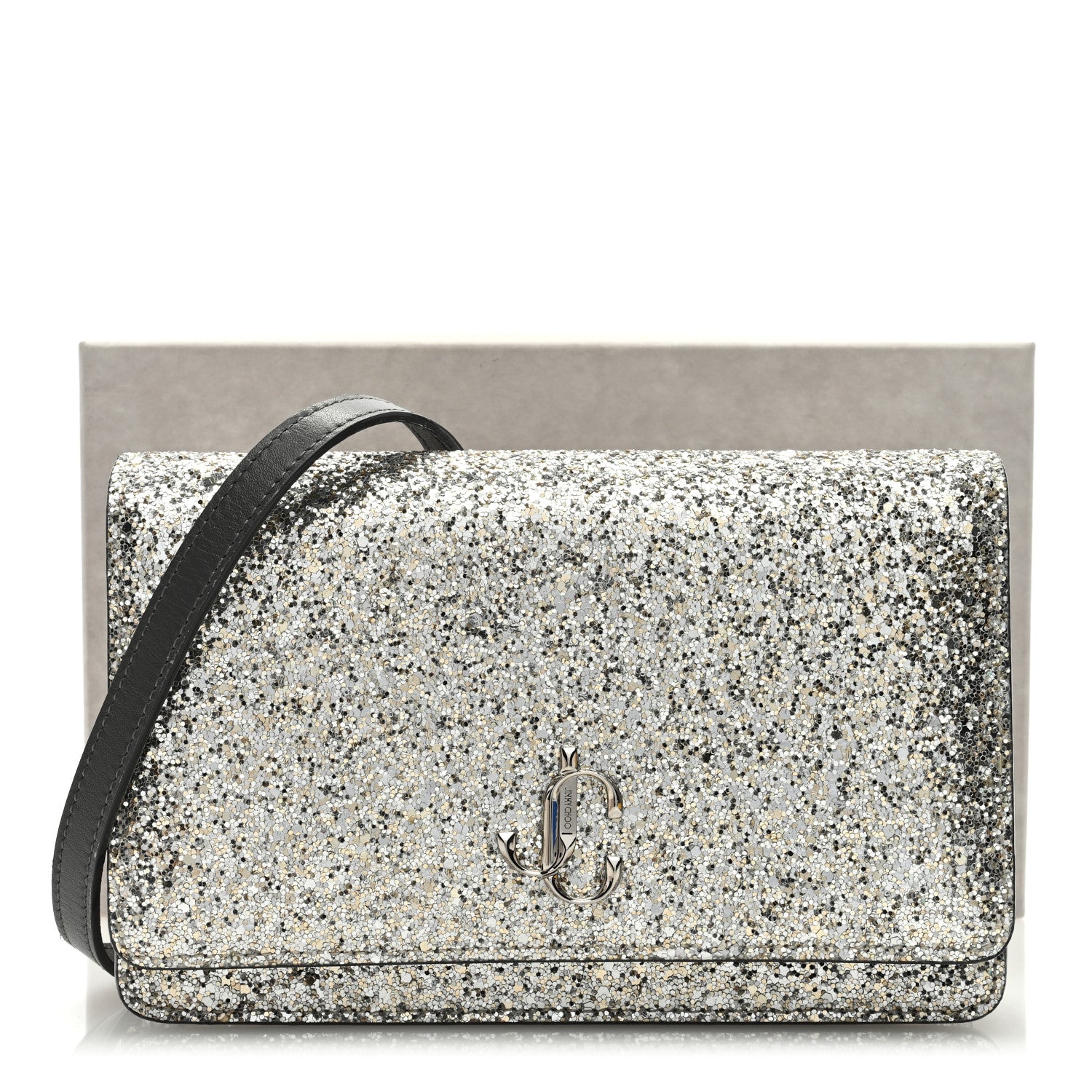 Jimmy Choo Glitter Palace Wallet On Chain Platinum 9 of 9