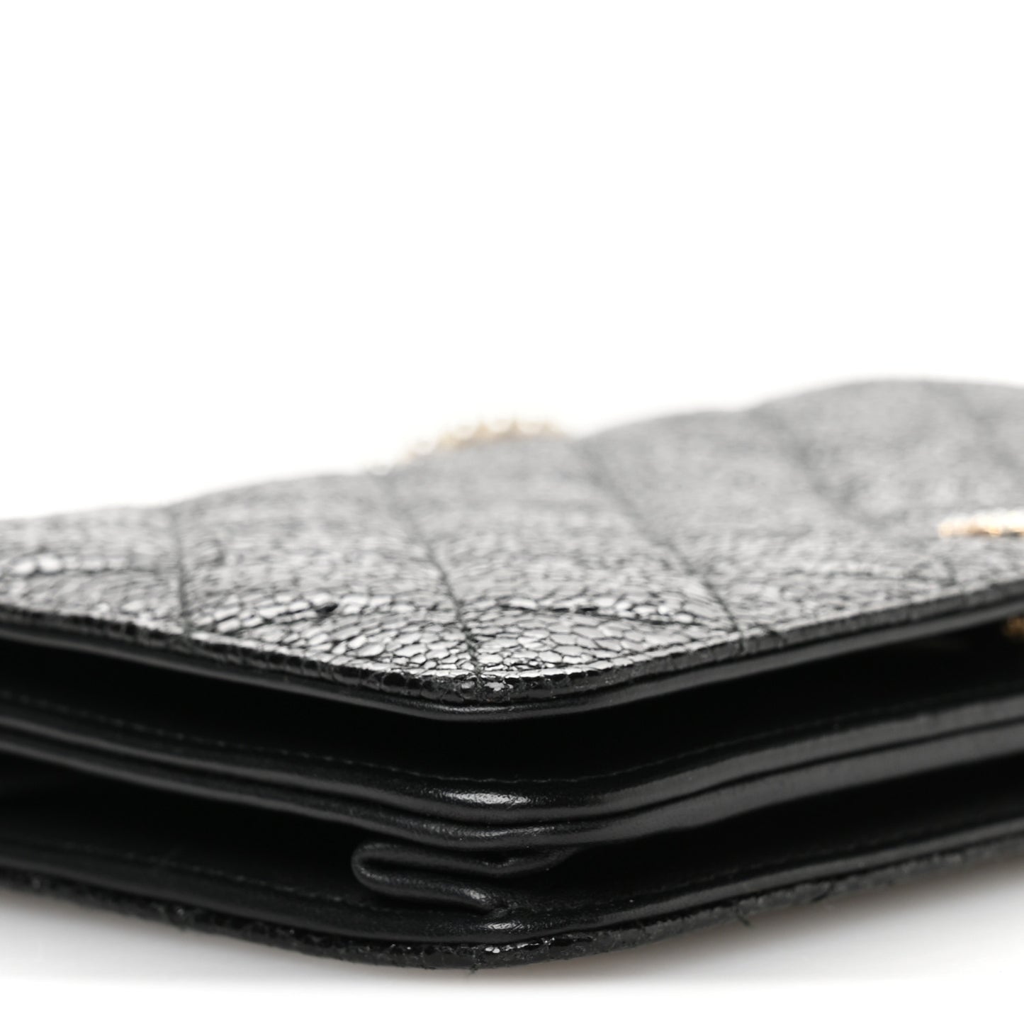 Crackled Patent Calfskin Quilted Pearl Wallet On Chain WOC Black