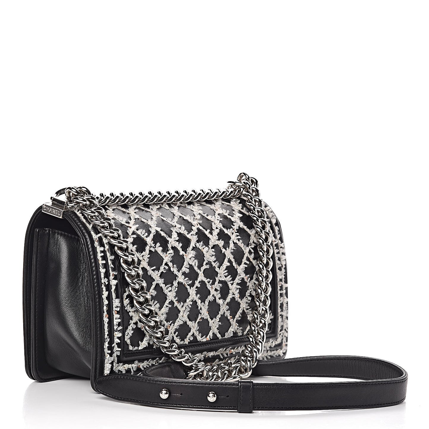 Calfskin Tweed Sequin Stitched Medium Boy Flap Black White