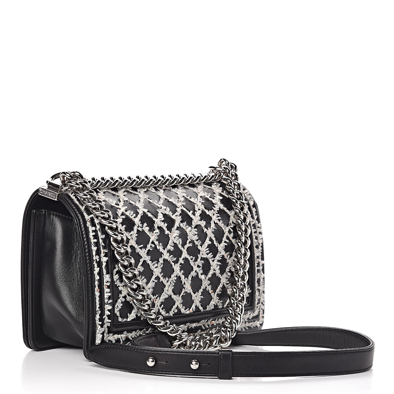 Chanel Calfskin Tweed Sequin Stitched Medium Boy Flap Black White 3 of 17