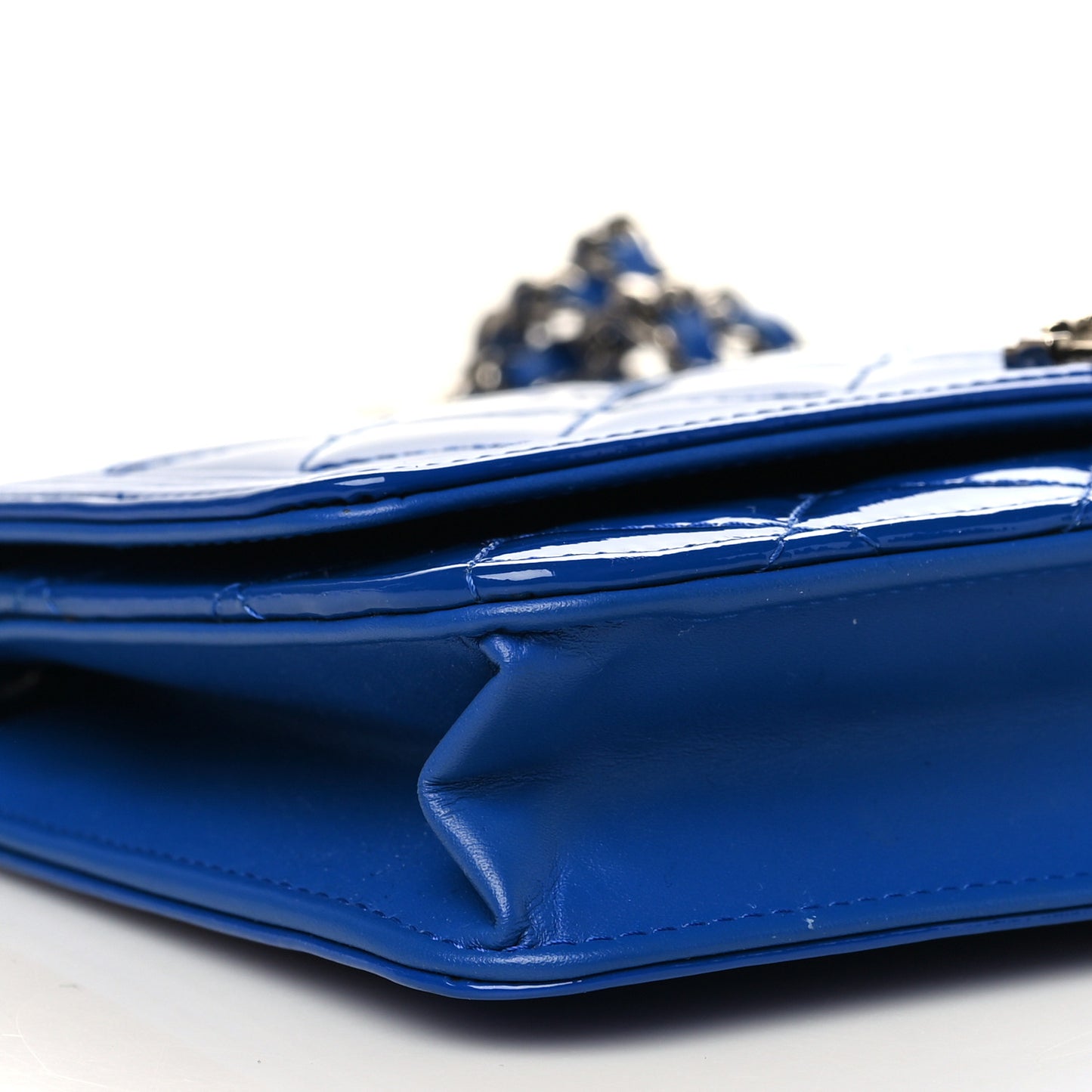 Patent Calfskin Quilted Boy Wallet On Chain WOC Dark Blue