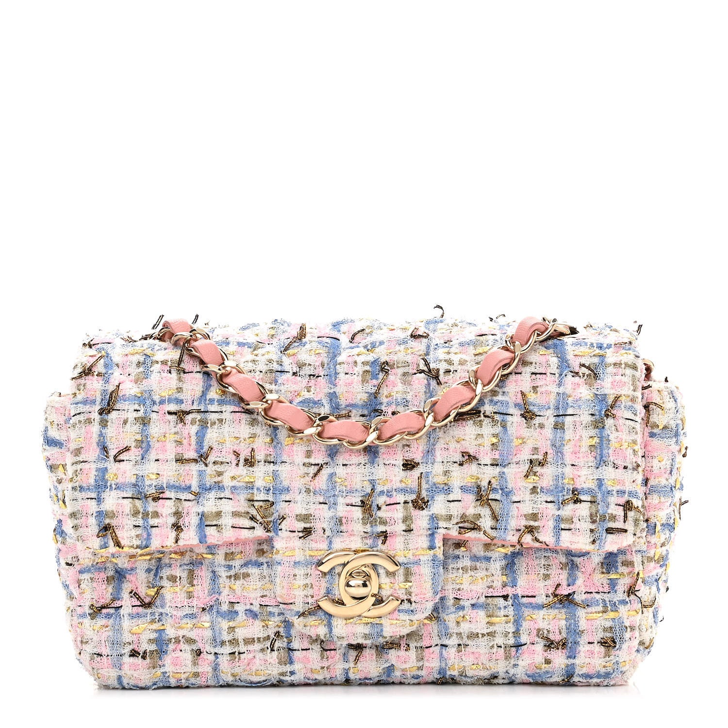 Chanel Tweed Quilted Mini Rectangular Flap Light Blue Pink Gold White 1 of 10