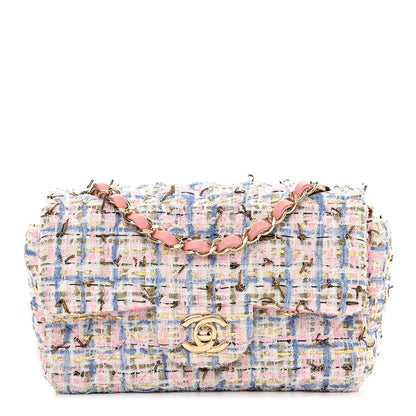 Chanel Tweed Quilted Mini Rectangular Flap Light Blue Pink Gold White 1 of 10