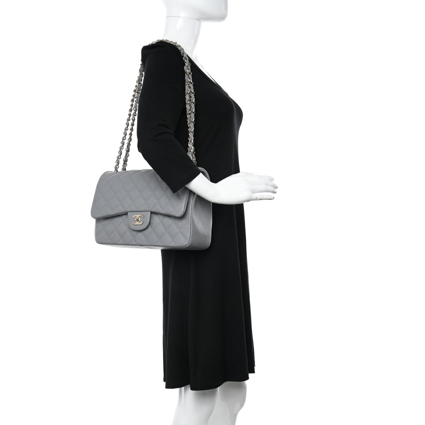 Caviar Quilted Jumbo Double Flap Grey