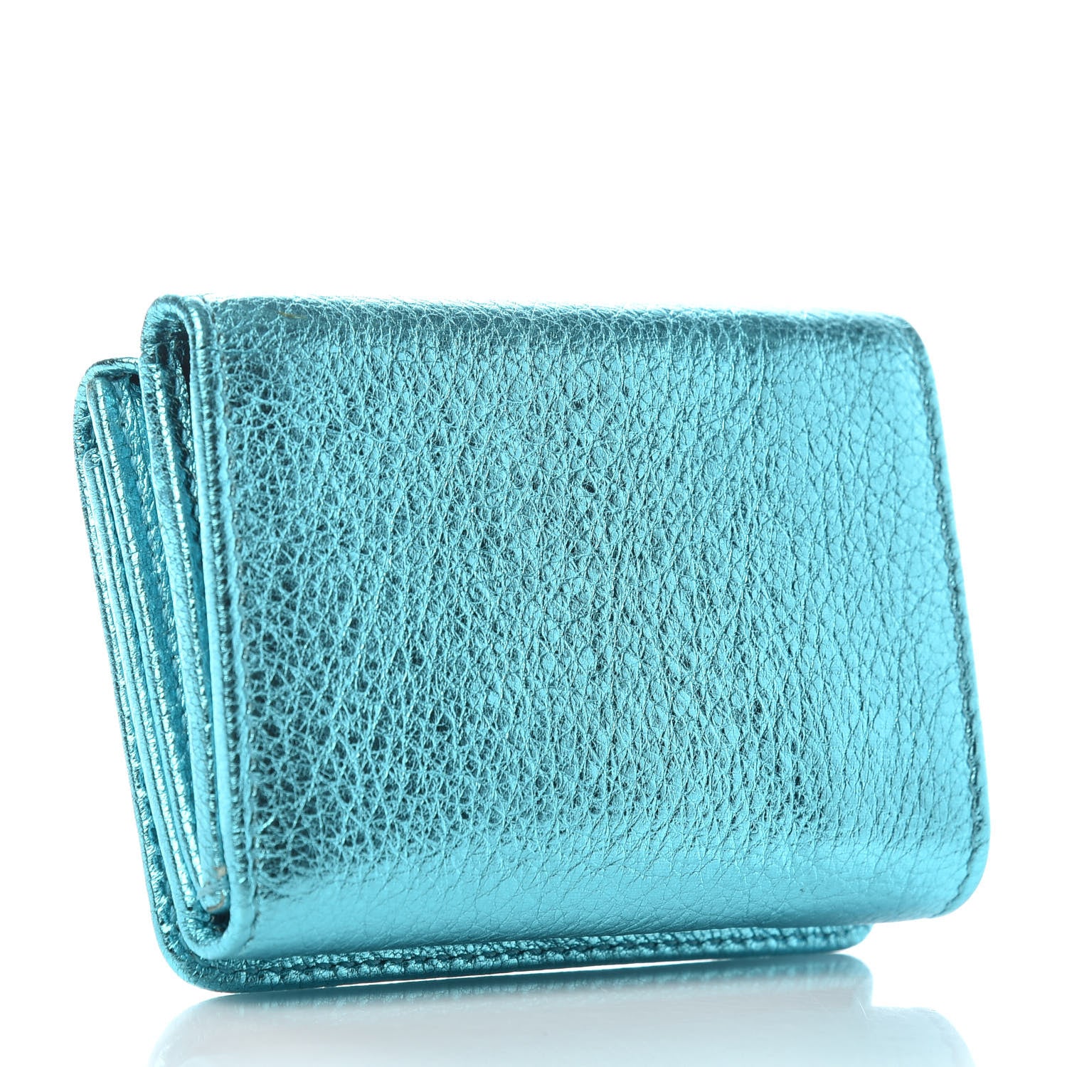 Balenciaga Metallic Goatskin Logo Mini Everyday Wallet Turquoise Black 3 of 7