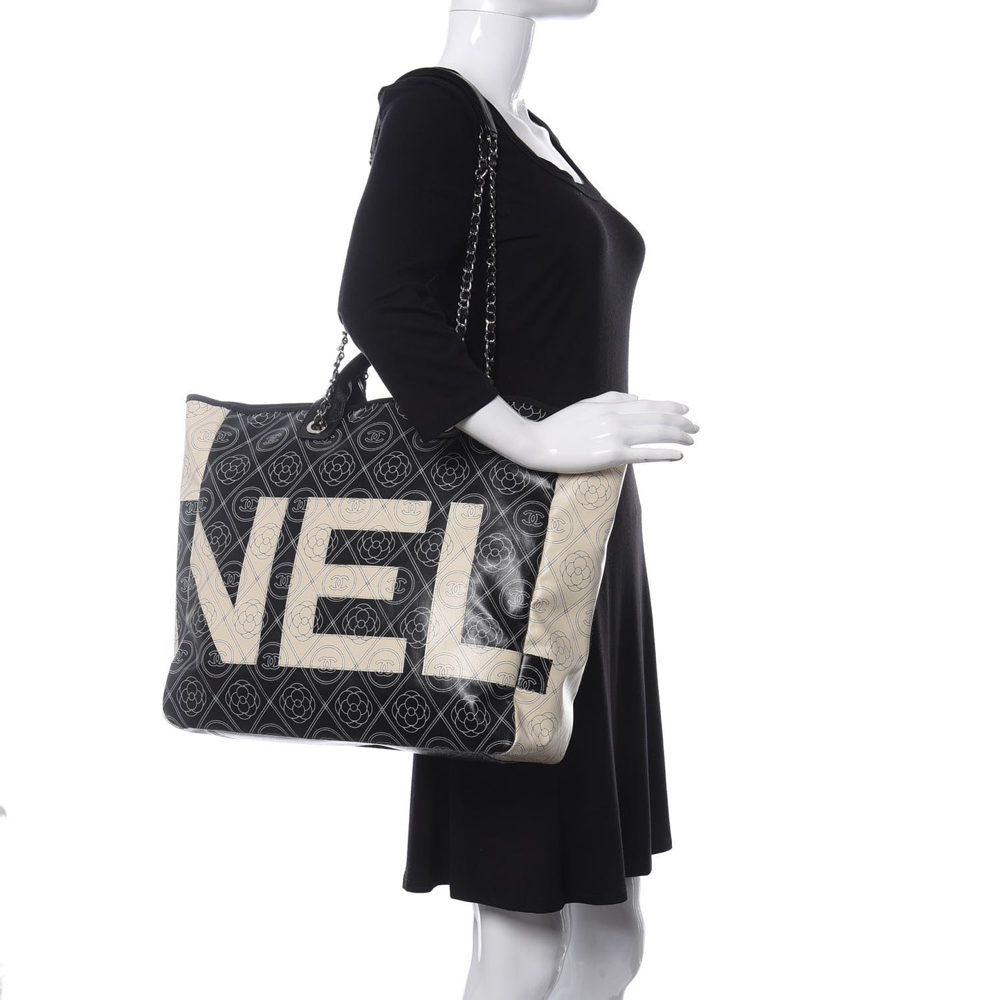 Coated Canvas Camellia Medium Shopping Tote Black Beige