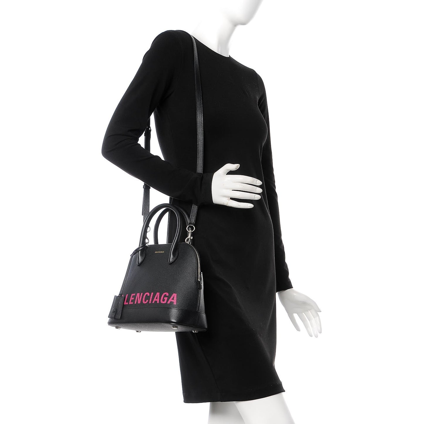 Signature Grained Calfskin Logo S Ville Top Handle Bag Black Rose Shocking