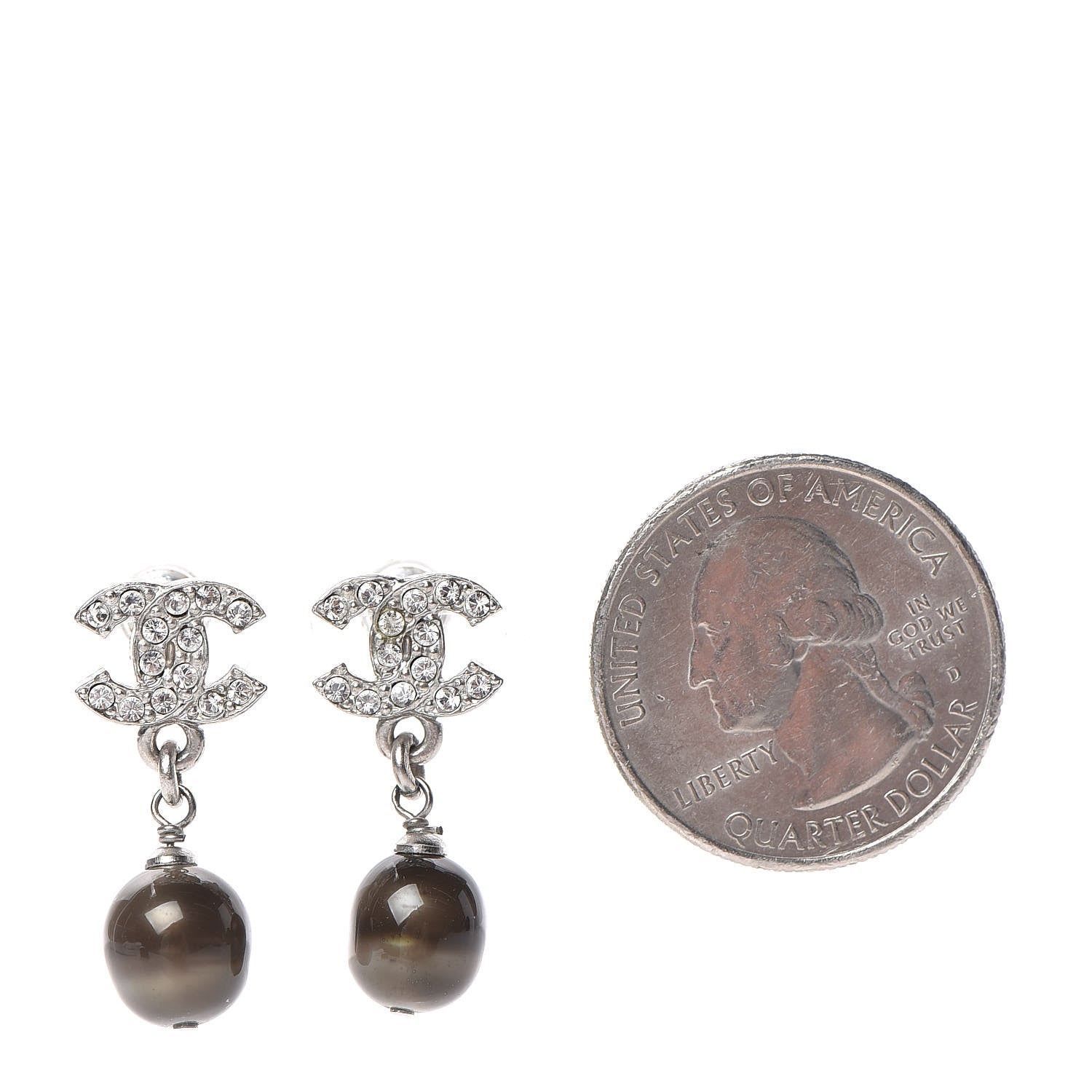 Chanel Crystal Pearl CC Drop Earrings Grey Silver 2 of 5