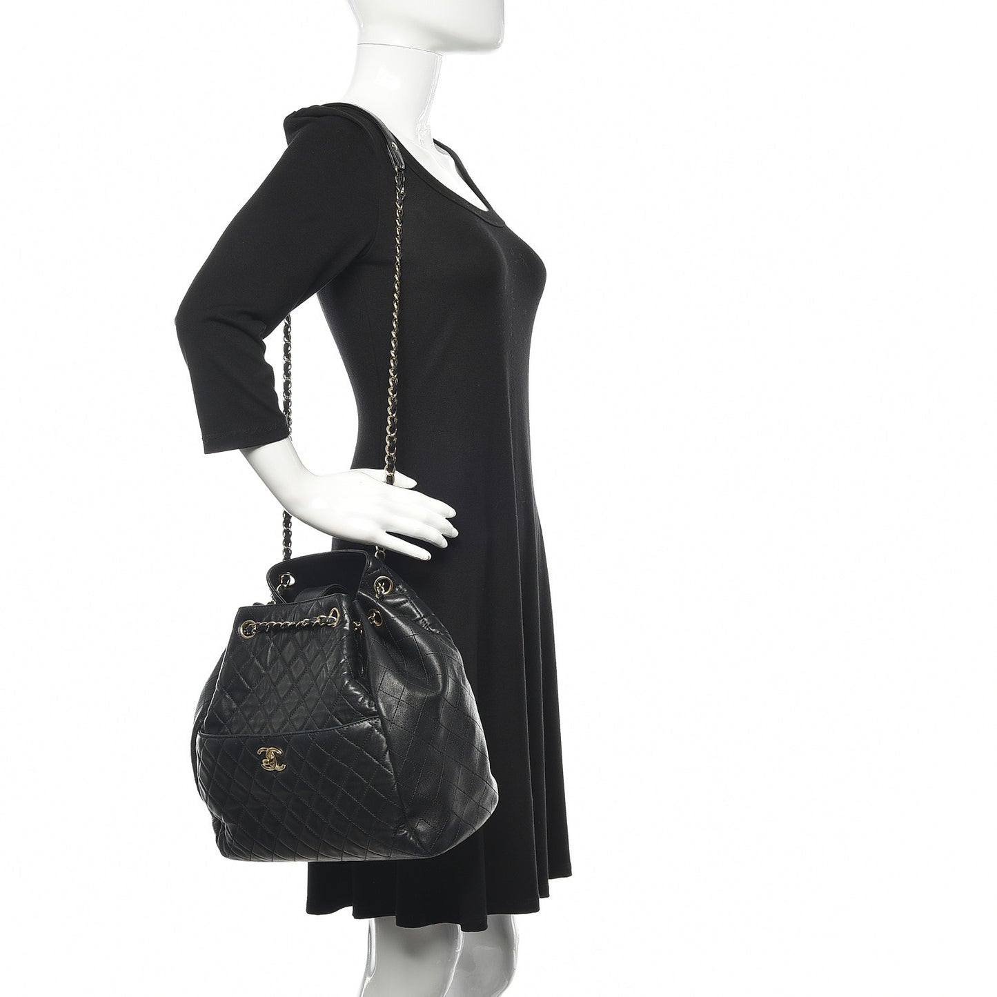 Lambskin Quilted Large Drawstring Bag Black