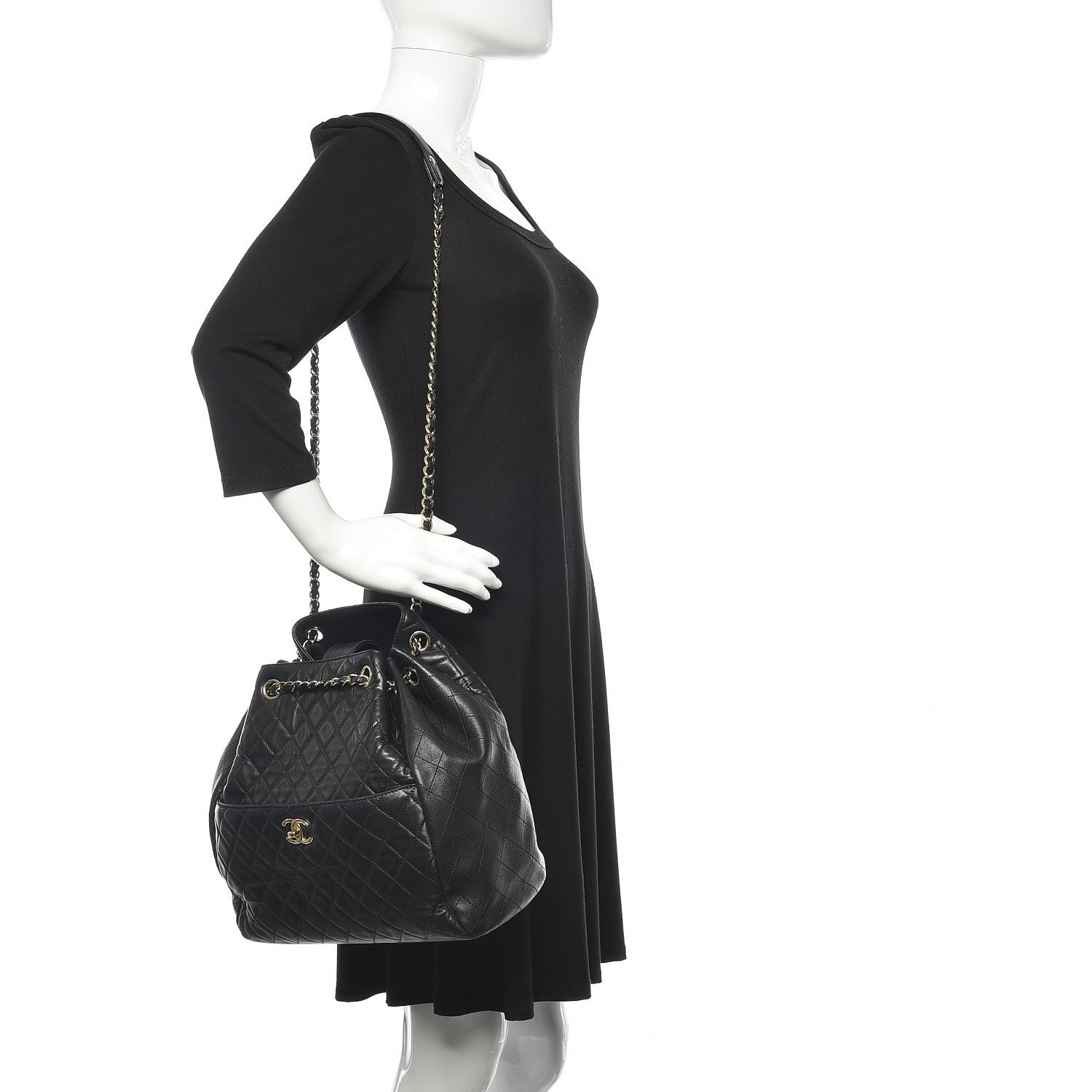 Chanel Lambskin Quilted Large Drawstring Bag Black 2 of 15