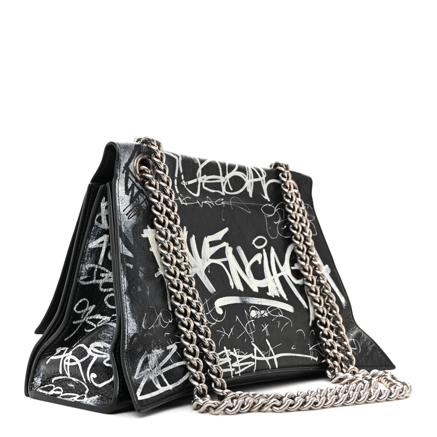 Balenciaga Agneau Arena Graffiti Medium Crush Chain Bag Black
