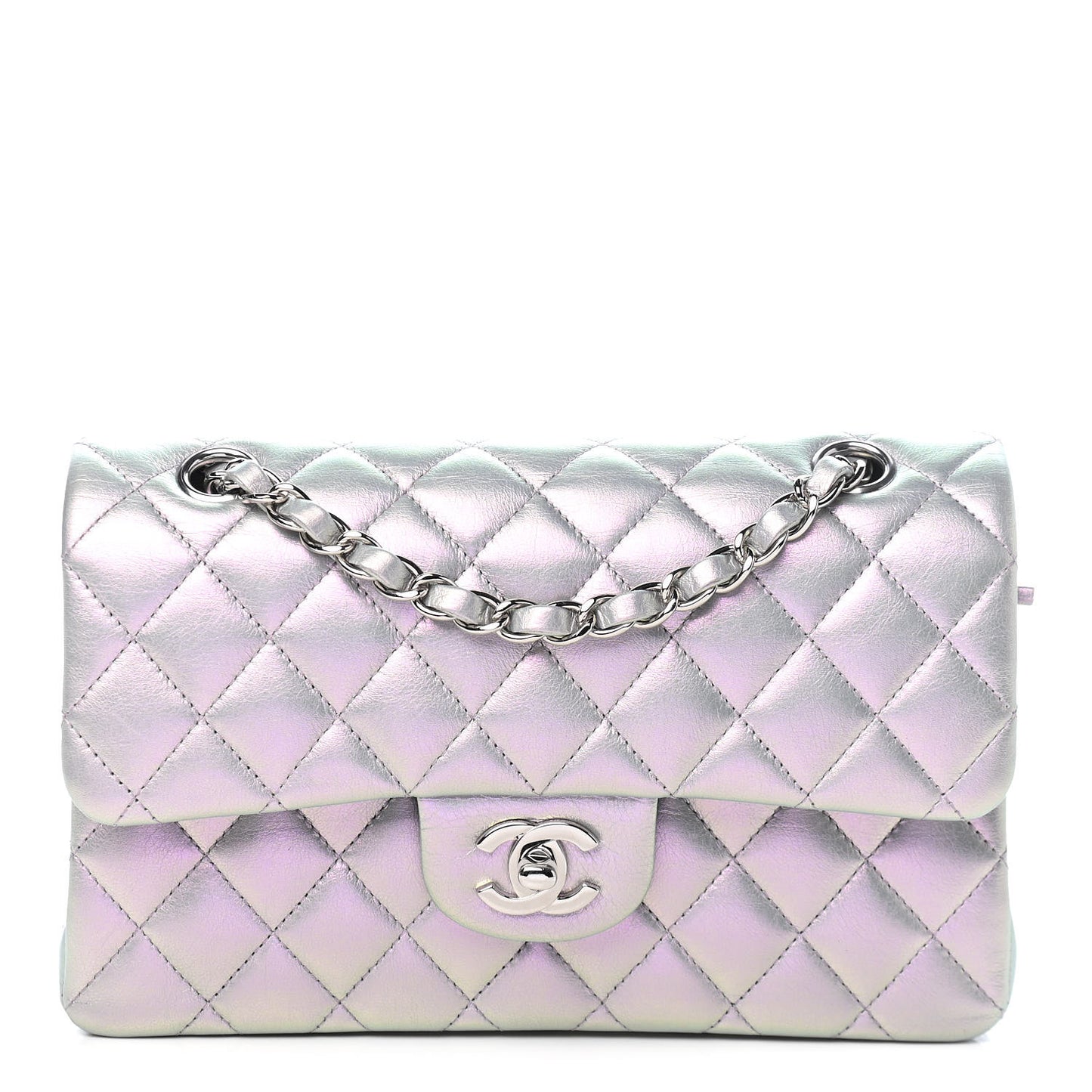 Iridescent Calfskin Quilted Small Double Flap Purple