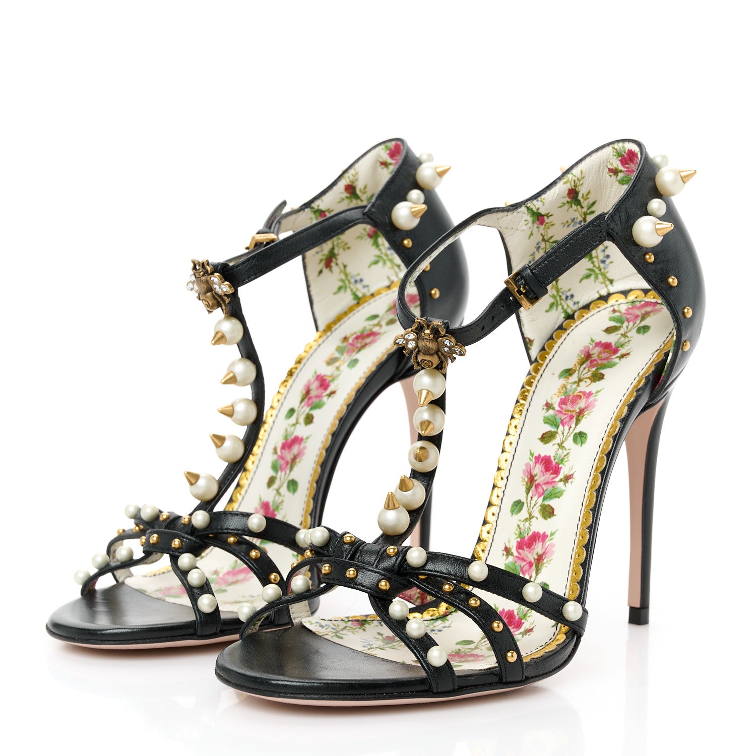 Gucci Calfskin Pearl Studded Regina T-Strap High Heel Sandals 35.5 Black 4 of 9