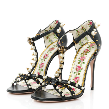 Gucci Calfskin Pearl Studded Regina T-Strap High Heel Sandals 35.5 Black 4 of 9