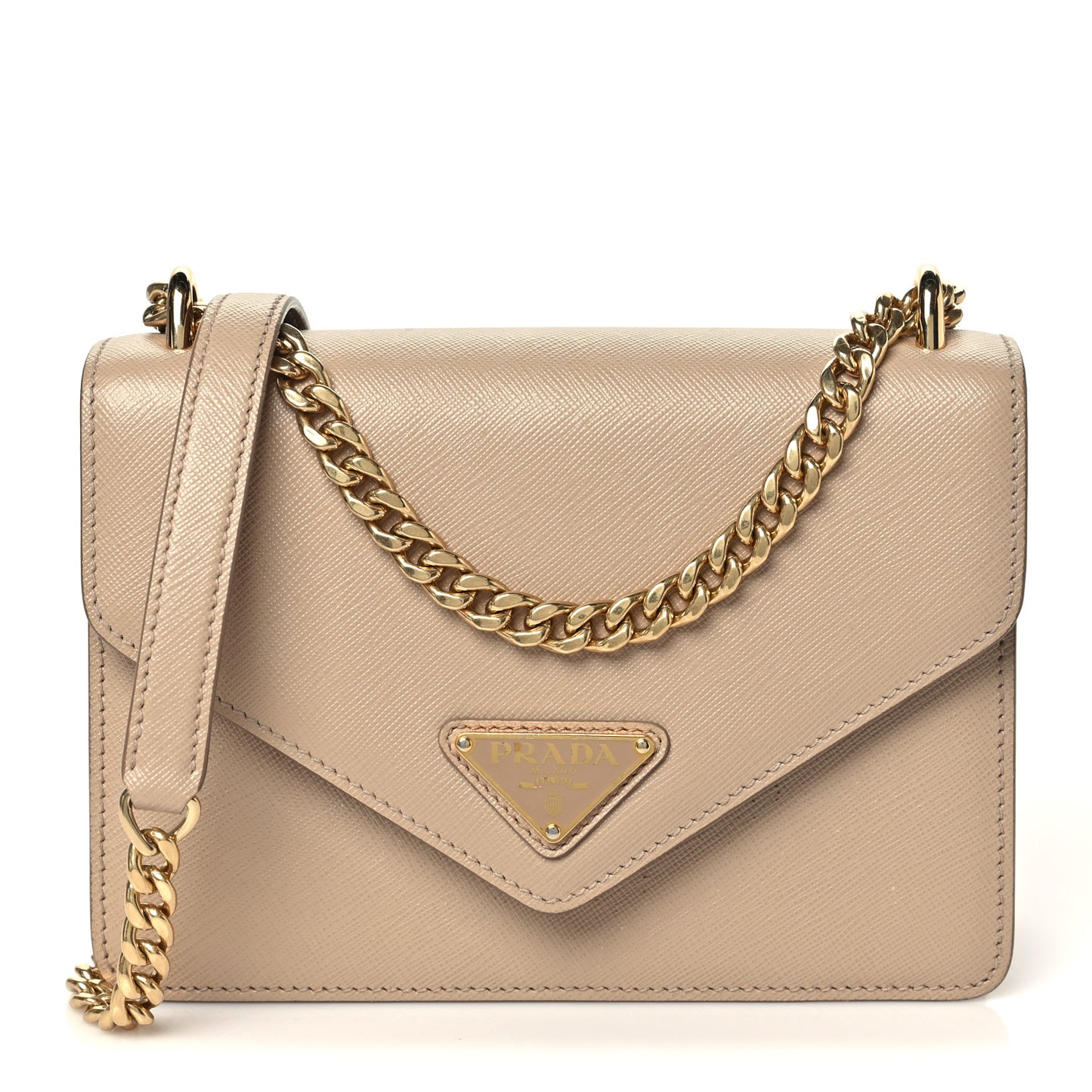 Saffiano Soft Calfskin Metal Triangle Logo Envelope Chain Shoulder Bag Cammeo