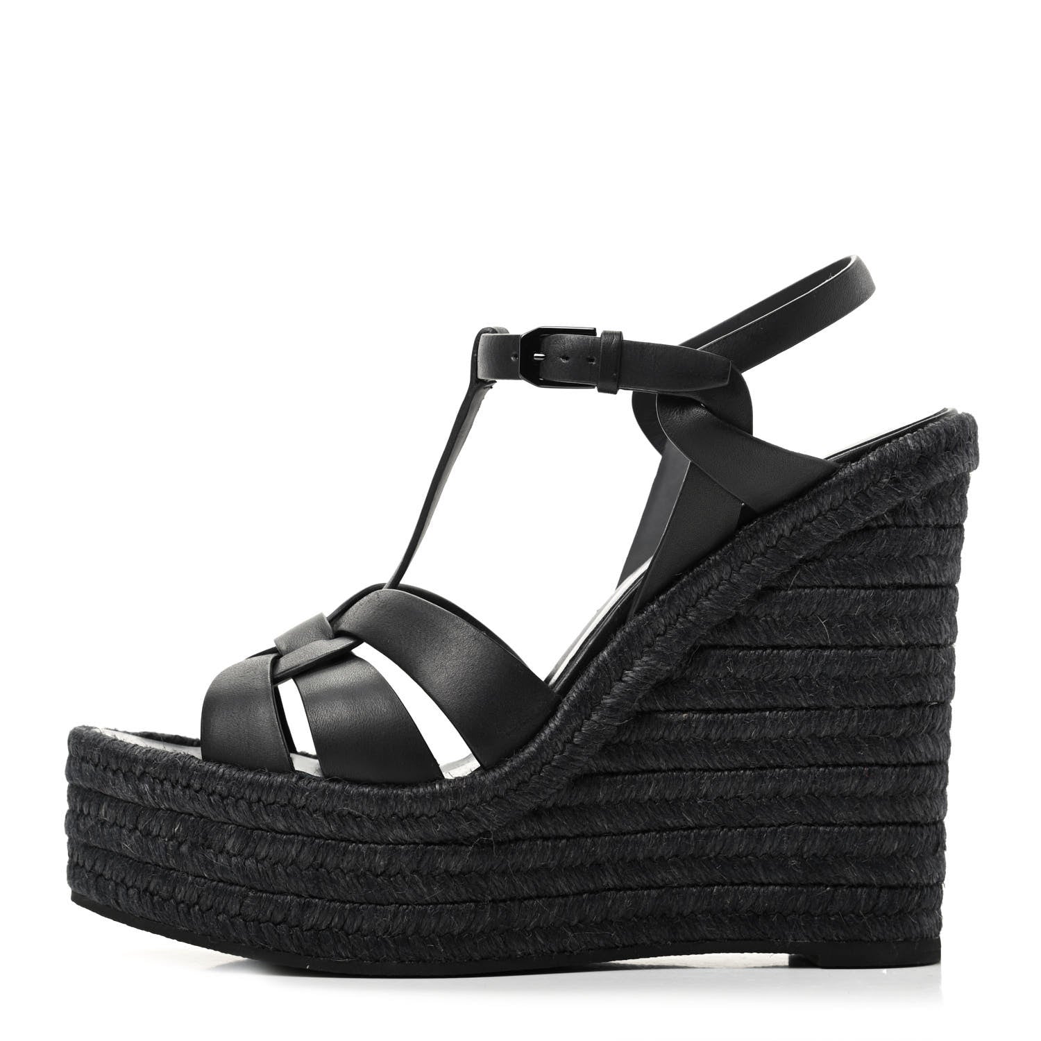 Saint Laurent Calfskin Tribute 95 Platform Espadrille Wedge Sandals 39.5 Black 1 of 8