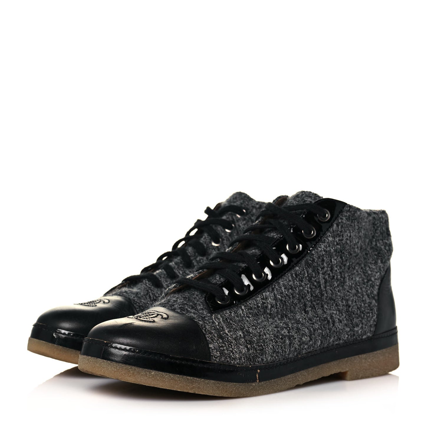 Tweed Calfskin CC Lace Up Short Boots 39 Grey
