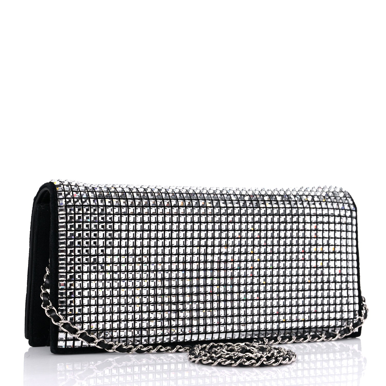 Chanel Crystal Suede Chain Evening Clutch Black Silver 2 of 17