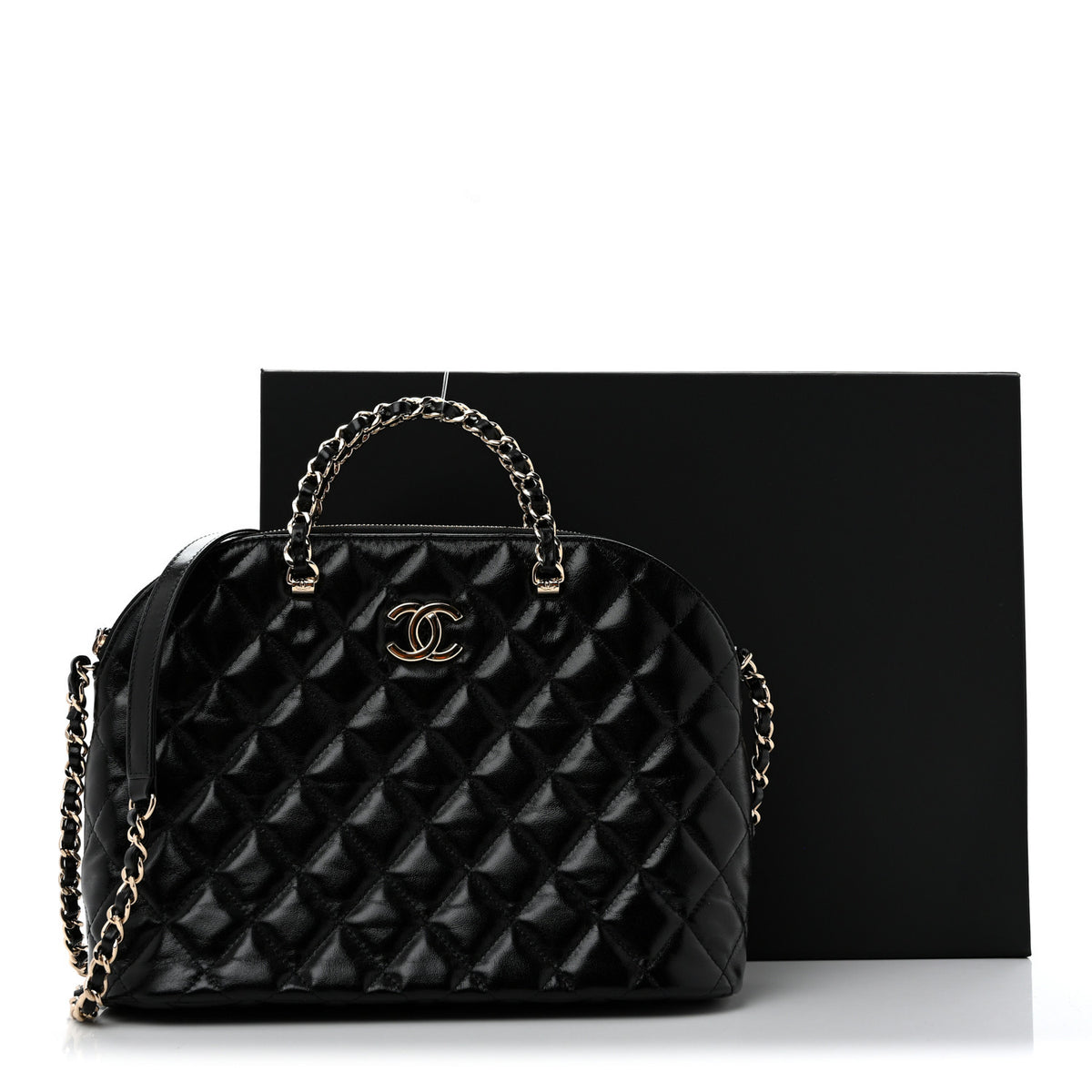 Shiny Lambskin Quilted Shiny Coco Small Shopping Bag  Black