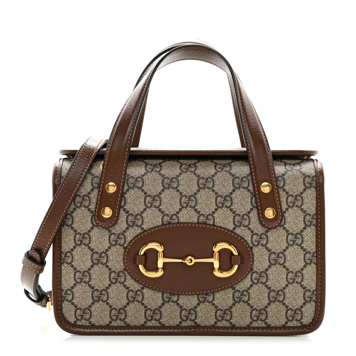 GG Supreme Monogram Azalea Calfskin Mini Horsebit 1955 Foldover Top Handle Bag Beige Ebony Brown Sugar