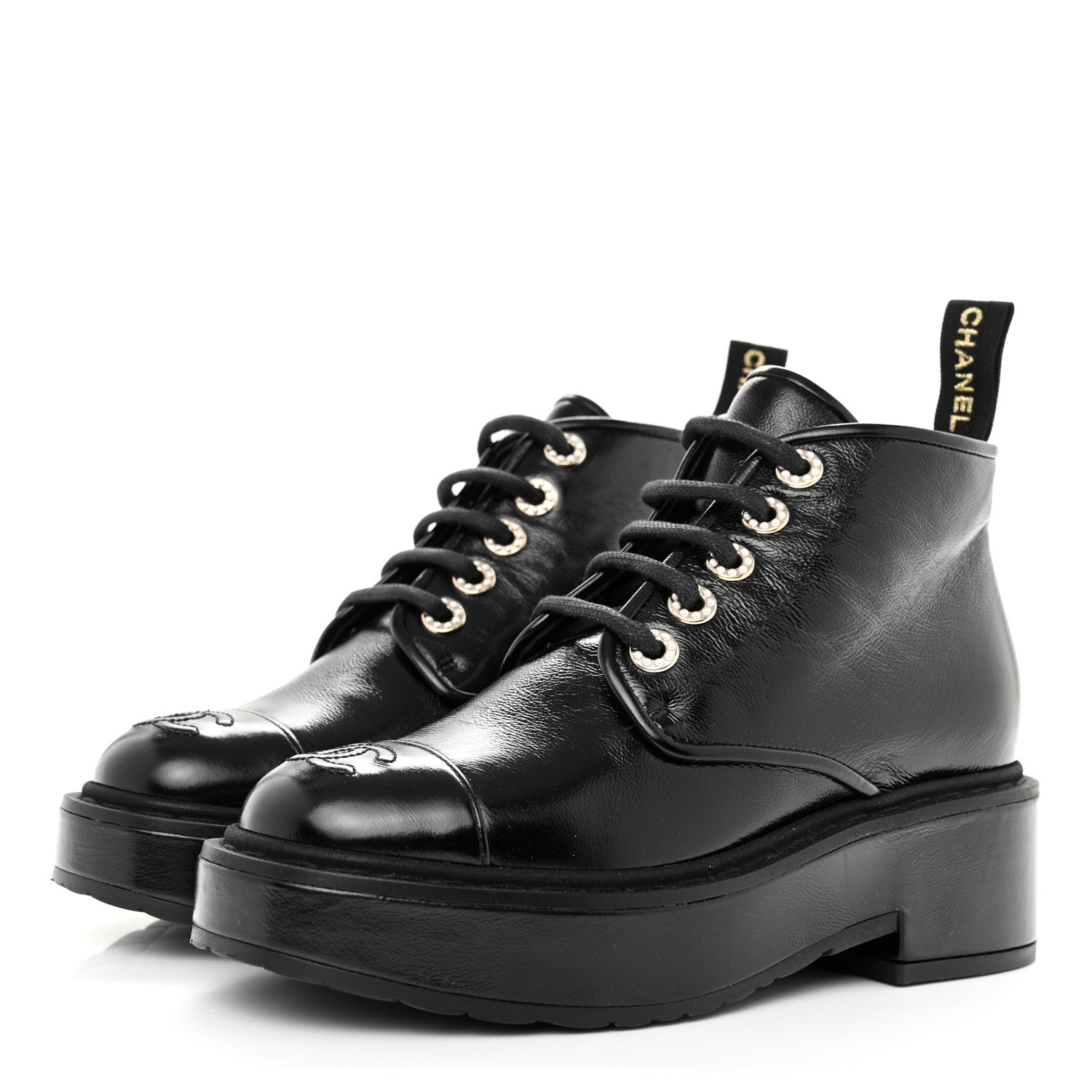 Chanel Shiny Calfskin Pearl Lace Up Combat Short Boots 35 Black 2 of 11