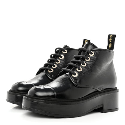 Chanel Shiny Calfskin Pearl Lace Up Combat Short Boots 35 Black 2 of 11